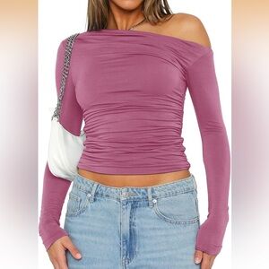Off-Shoulder Ruched Long Sleeve Top in Pink